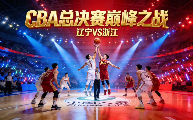 CBA总决赛巅峰之战宣传主图 - 辽宁队与浙江队球员在赛场中央跳球，背景是座无虚席的体育馆和璀璨灯光