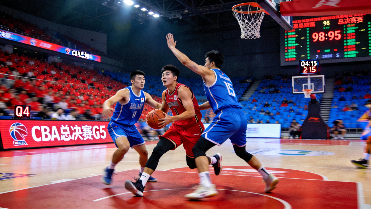 CBA总决赛G5直播画面 - 比赛现场实况，球员正在进行激烈的攻防对抗