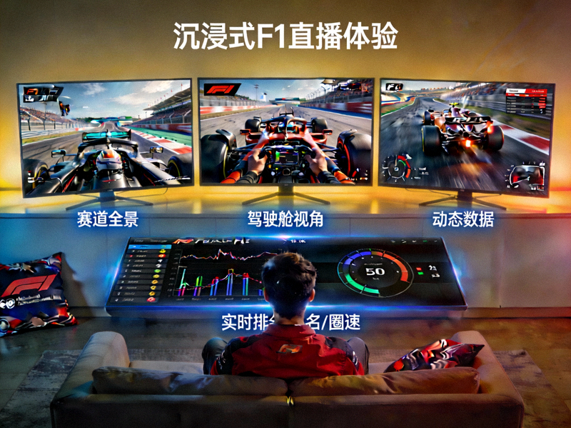 沉浸式直播体验示意图 - 一个赛车迷在多个屏幕前观看F1直播，屏幕上显示不同视角和数据