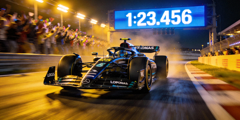 F1排位赛直播 - 赛车在赛道上做出最快单圈，背景是计时器