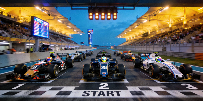 F1赛事直播画面 - 主看台视角，多辆赛车在发车格等待灯灭起跑