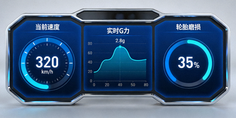 F1数据分析界面 - 展示赛车速度、G力、轮胎磨损等复杂数据的仪表盘