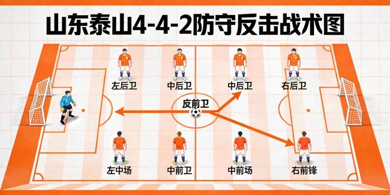 山东泰山战术分析图 - 展示球队4-4-2防守阵型和反击路线的战术板示意图