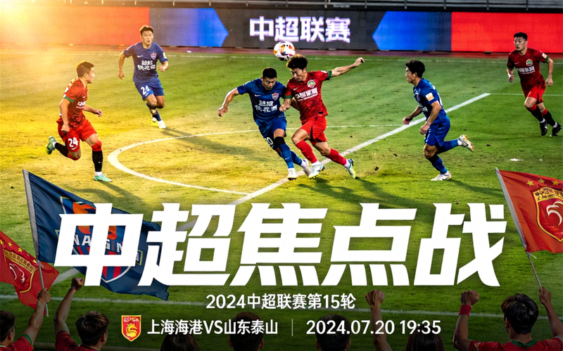 中超焦点战宣传主图 - 两支中超豪门球队球员在绿茵场上激烈对抗的瞬间，气氛紧张热烈